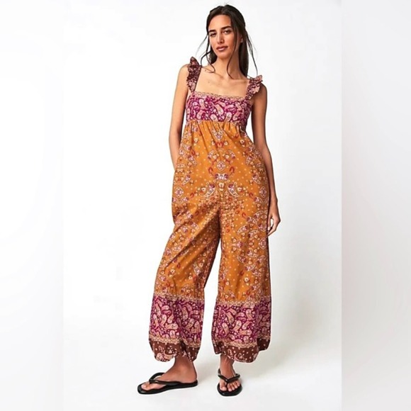 Free People Pants - Free People Boho Bali Albright Jumpsuit Boho Paisley Print Square Neck NEW sz  S